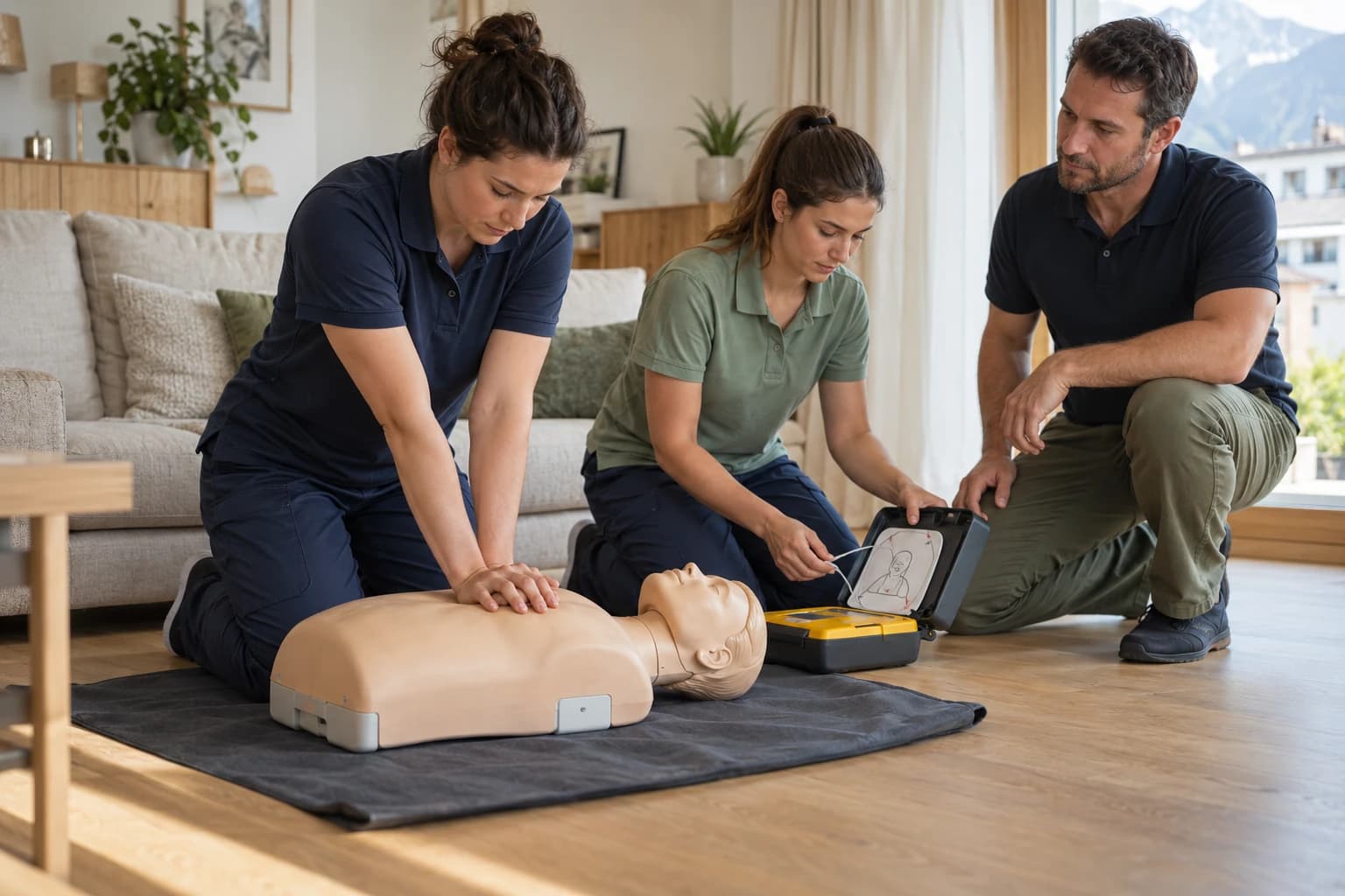 Des professionnels s'entraînent à intervenir en situation d'urgence dans un environnement de soins à domicile.