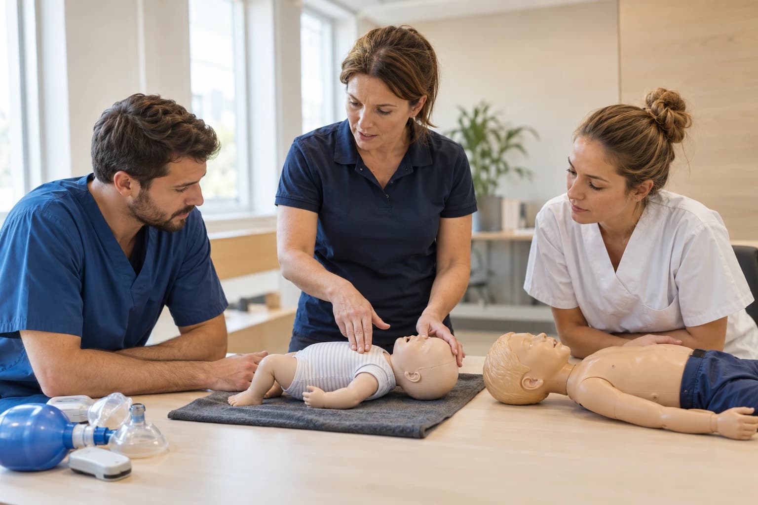Des professionnels suivent une formation aux situations d'urgence pédiatriques avec un mannequin d'entraînement.