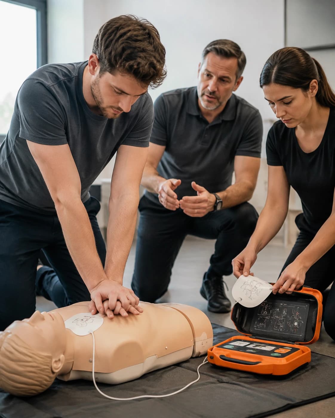 Deux participants s'entraînent aux compressions et à l'utilisation d'un défibrillateur sur un mannequin.